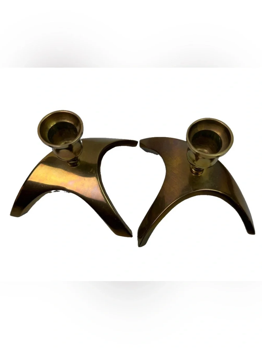 VTG Mid Century Modern Brass Candle Holders Boomerang Tripod Wishbone Taper Pair